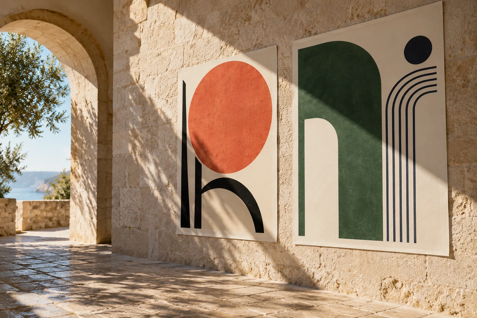 Deux affiches géométriques exposées sur un mur méditerranéen ensoleillé.