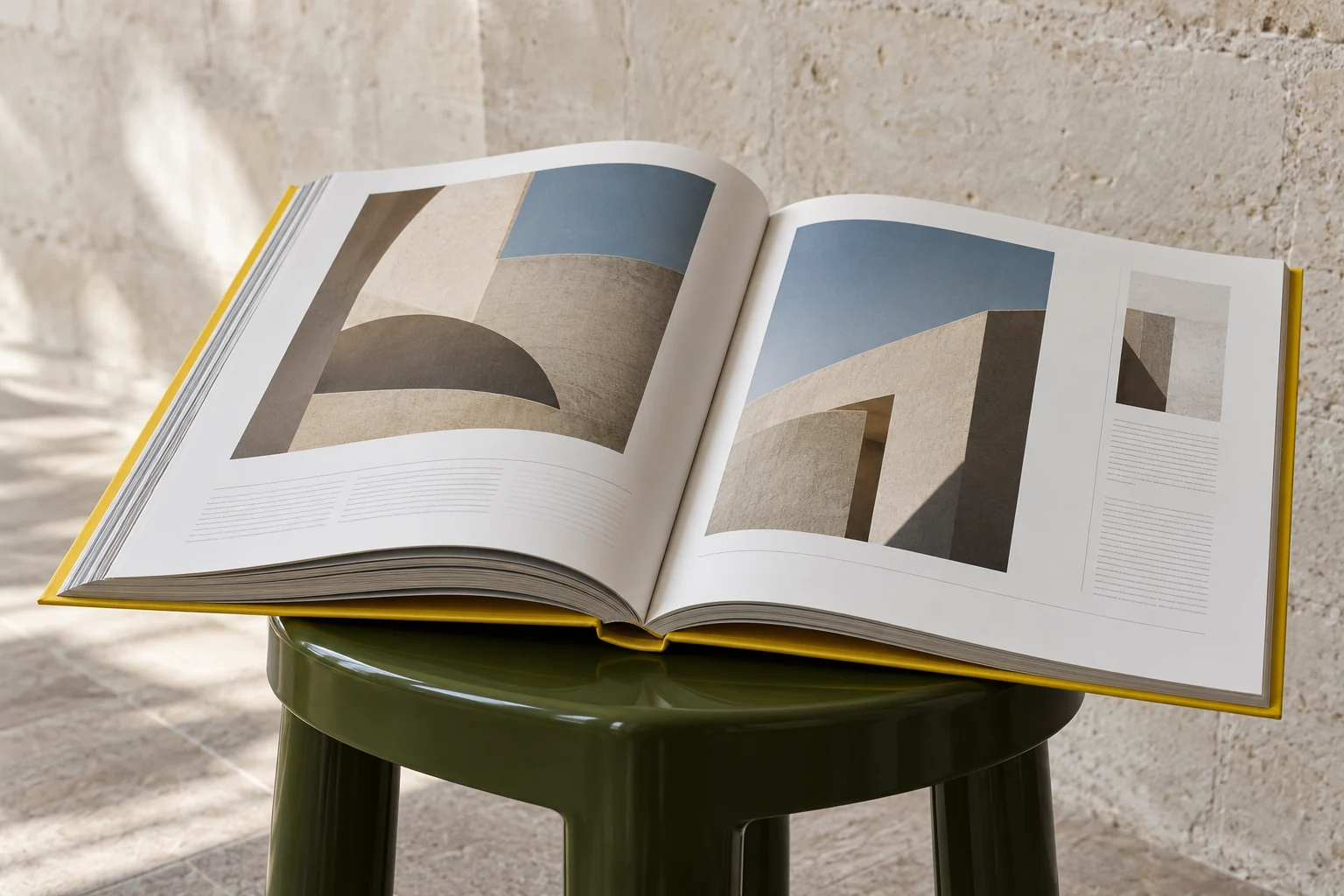 Livre d’art ouvert, pages architecturales et couverture jaune sur un support vert.