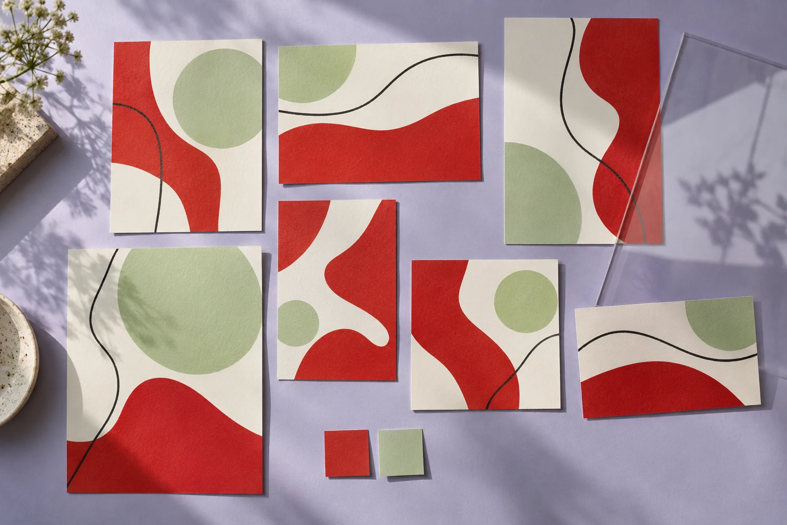 Série de cartes de campagne rouges et vertes sur fond lavande avec un calque transparent.