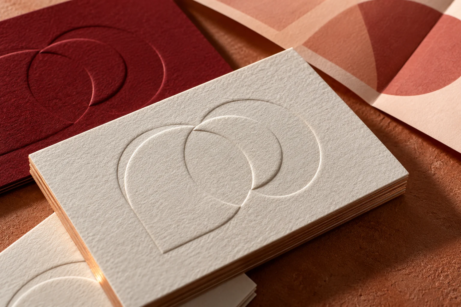 Cartes épaisses avec relief graphique, papier ivoire et couleur bordeaux.